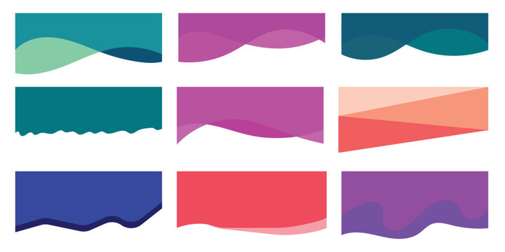 Set of web Dividers Shape. Collection of web Curve Wave Lines, Abstract Design Element for Top, Bottom Page of Web Site. Divider Header, Separator for App, Banners or Posters and website.