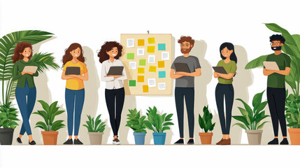A team of diverse individuals engages in brainstorming ideas while surrounded by plants in a creative workspace, promoting collaboration and innovation