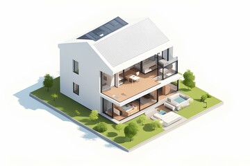 Isometric Design of a Simple Modern Eco House: Isolated on White