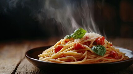 Fototapeta premium Steaming spaghetti with vibrant tomato sauce, garnished with basil and parmesan, on a rustic plate against a dark backdrop