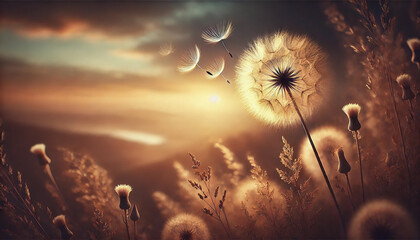 AI image - a serene landscape featuring a dandelion, evoking feelings of calmness, sadness, condolence, grief, and nature.