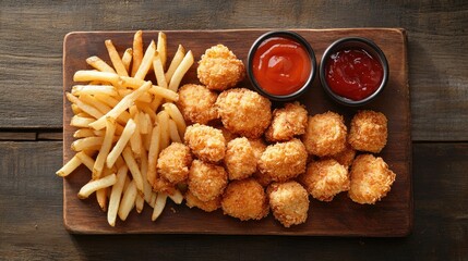 Naklejka premium Top view of breaded chicken nuggets and French fries with dipping sauces, arranged on a rustic wooden platter