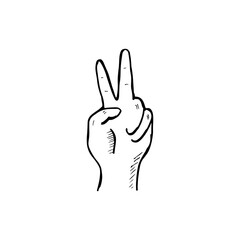 Doodle cartoon of peace hand symbol gesture on a white background.