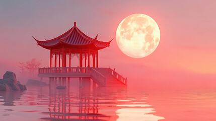 Chinese style Mid-Autumn Festival, huge full moon, waterside pavilion landscape