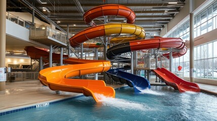 Towering slide complex with multiple colors, twists, and turns, with each slide leading down into a separate pool