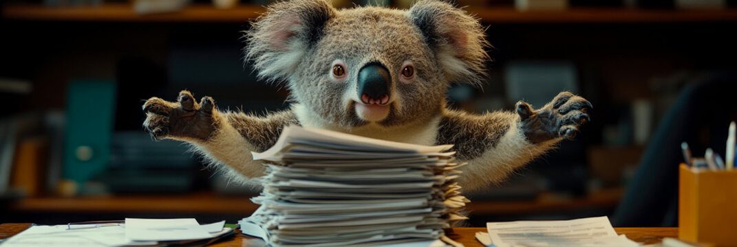 A koala sits at a desk surrounded by tall stacks of paperwork, appearing overwhelmed and stressed during a hectic workday at the office