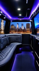 Experience luxury in a black van with plush seating and city skyline views at night in New York City