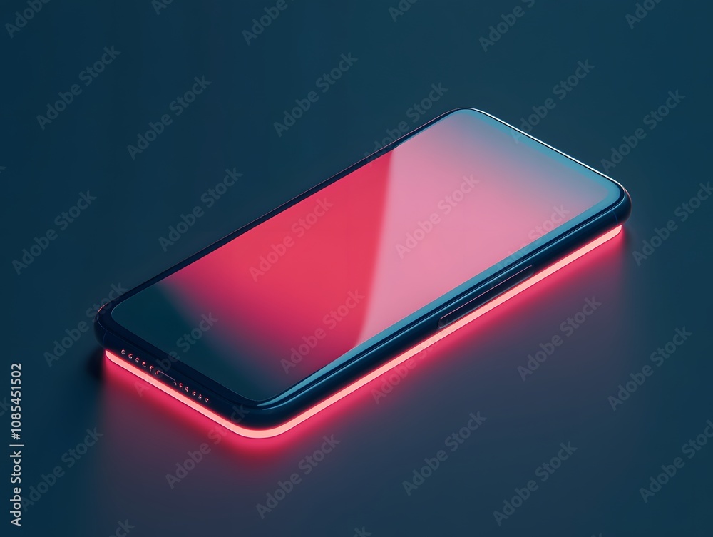 Poster Modern smartphone with a vibrant neon glow on its edge, showcasing a sleek design and a reflective glass surface in a minimalist setting, perfect for technology-related projects