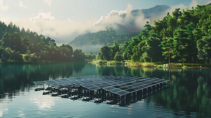 Floating Solar Panels on a Serene Lake in a Lush Forest