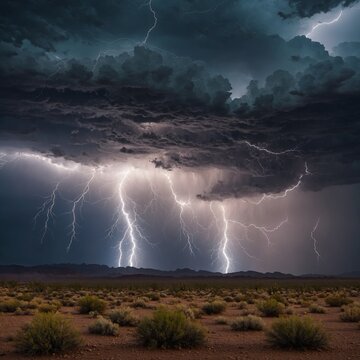 A thunderstorm rolling over a desert with lightning illuminating the sky.

