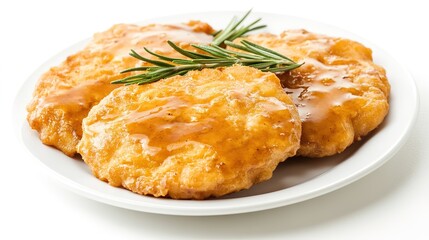 Crispy Fried Food Topped with Fresh Rosemary and Drizzled with Savory Sauce on a White Background, Perfect for Culinary and Gourmet Presentations