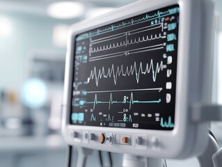 Detailed view of a medical heart monitor screen showing vital signs and heart rate in a hospital environment with blurred background.