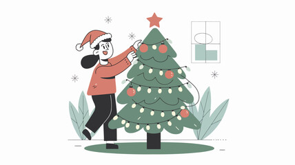 Fototapeta premium A person decorating a Christmas tree with baubles and lights.