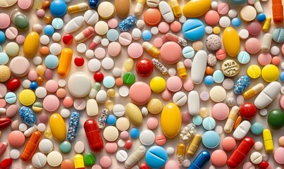 Fototapeta premium An array of multicolored pharmaceutical pills and capsules, including opioids, vitamins, and a variety of medicines, scattered across a surface, representing healthcare and medication diversity