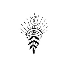 Eye boho. Lineart Vector illustration. Flower moon , Magic celestial witchcraft symbol. Masonic symbol. Hand drawn logo or emblem