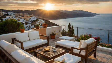Arafed wooden furniture on a patio overlooking a beautiful view of the ocean
