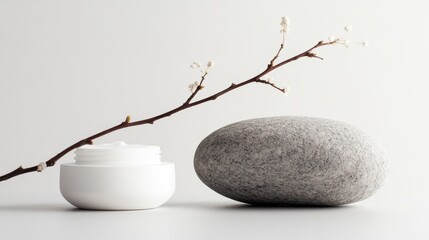 white skin cream product, on a clean light gray background, a stone, a branch, a flat front shot 