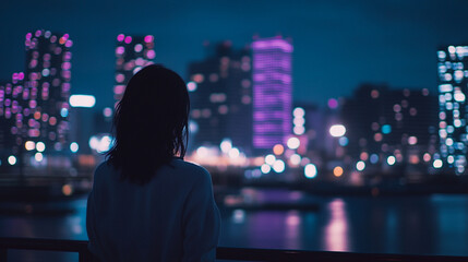 Obraz premium Woman gazes at a vibrant city skyline glowing at night by the river, illuminated buildings in view