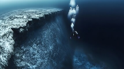 Obraz premium Diver Ascending Near an Underwater Cliff Face