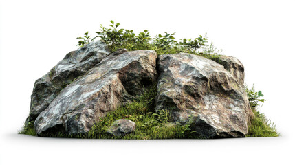 A natural rock formation covered in grass and small plants in a sunny outdoor setting