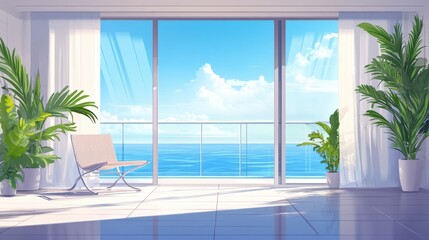 Fototapeta premium Interior View with Sea View, White Curtains, and Palm Plants