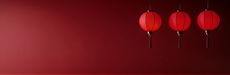 Fototapeta premium Three Red Lanterns Hang Against A Dark Red Wall