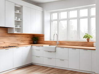 Fototapeta premium Wooden cabinets in bright minimal white kitchen interior with window.