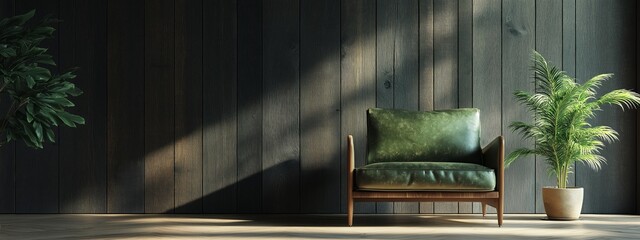 A cozy, green couch is positioned against a textured dark wall, complemented by potted plants, creating a serene and inviting atmosphere.