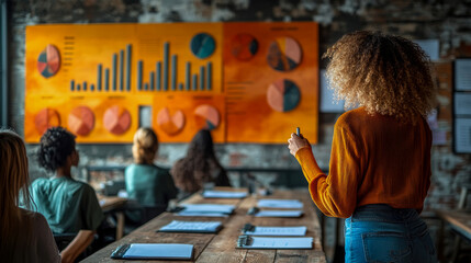 Participants in a workshop focus on data visualizations as the instructor provides insights and guidance in a vibrant and engaging atmosphere