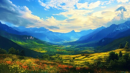 Beautiful valley, with green grass and wildflowers in the foreground, and mountains in the background, under a blue sky with white clouds, in the style of a fantasy art painting