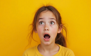 A young student girl, very surprised by something, captured in a moment of genuine expression. isolated on a smooth yellow background