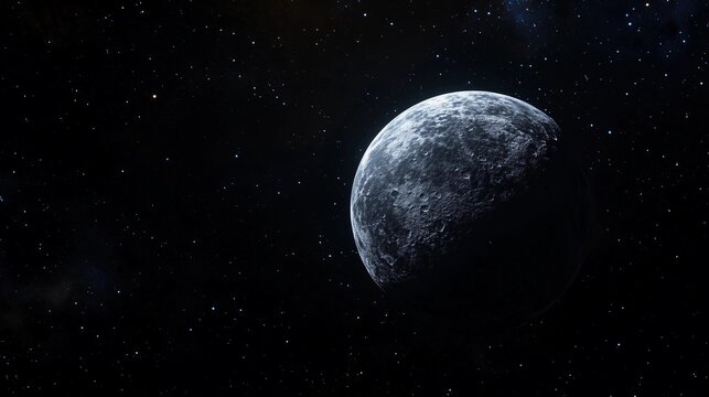 A dark gray moon in space, the planet's surface is half-lit by its sun, and stars can be seen all around it. Cinematic photography