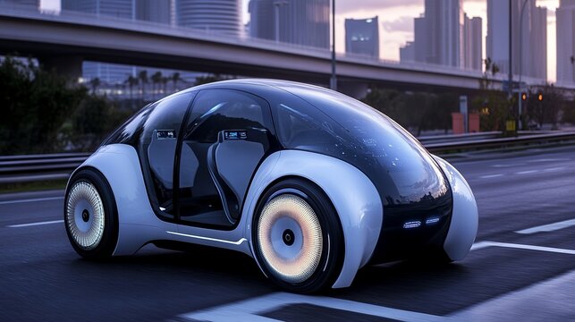 Smart car concept on a city road, showcasing autonomous driving technology. The car is equipped with graphic sensor radar signals and internet sensors