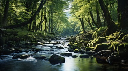 Fototapeta premium A tranquil forest stream flowing over smooth stones