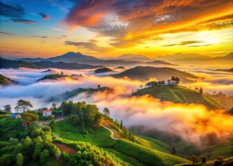 Obraz premium Witness a picturesque dawn in Da Lat, where misty mountains paint the landscape.