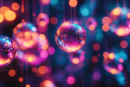 Abstract Art Glowing Spheres Connected by Threads of Light, Symbolizing Interconnectedness, Harmony, and Relationship in a Digital Artwork Featuring Vibrant Neon Colors, Bokeh Effects, and a