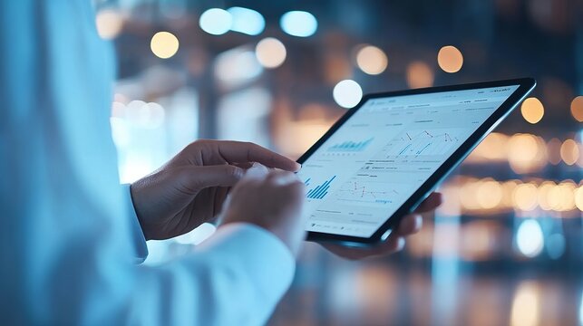 Smart Warehouse Concept. Manager uses a digital tablet to display a management dashboard from the warehouse software. The blurred warehouse serves as the backdrop. 