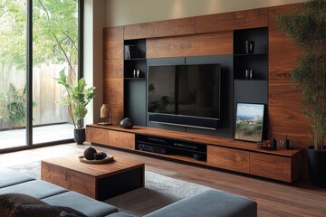 Modern living room with wooden decor and TV.