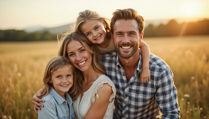 A smiling family of four father, mother, son, and daughter looking cheerful at the camera in a field