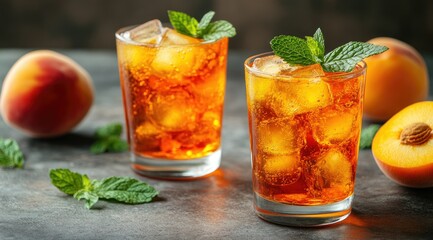 Two glasses of iced peach tea with mint and peaches.