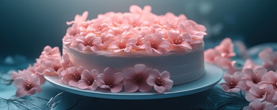 A radiant milestone cake, adorned with delicate pink floral designs, symbolizes cherished memories and elegant celebrations This artistic masterpiece captures the essence of a significant life event