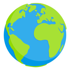 Simple planet Earth globe featuring green continents and blue oceans in a clean minimalist style. Flat Earth icon. Eco-friendly Earth icon in cartoon flat style. Transparent PNG file