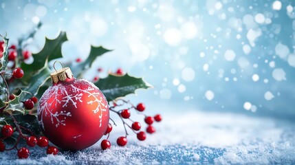 Close-up of red trinket and holly leaves with red berries, blue sky with snowflakes in the background