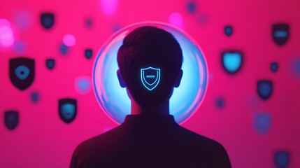 Portrait of a person with a glowing shield symbol on the head against a colorful background,...