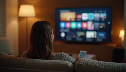 A behind-the-view shot of a woman sitting on a cozy sofa, using her home smart TV to browse OTT content