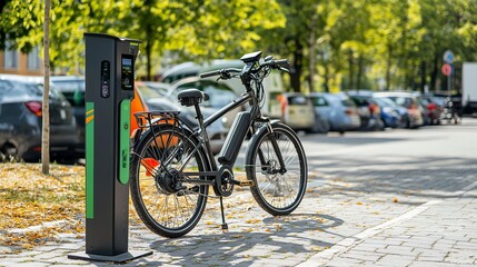 Fototapeta premium An e-bike is parked next to a charging station.