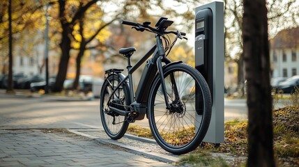 Fototapeta premium An electric bicycle parked next to a charging station.