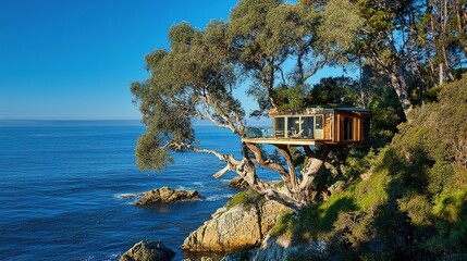 Obraz premium A multi-level bonsai treehouse overlooking the ocean, perched on cliffs, with intricate design and lush greenery, offering a serene view of the vast sea and surrounding landscape.