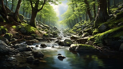 A peaceful forest stream with rocks and surrounding greenery