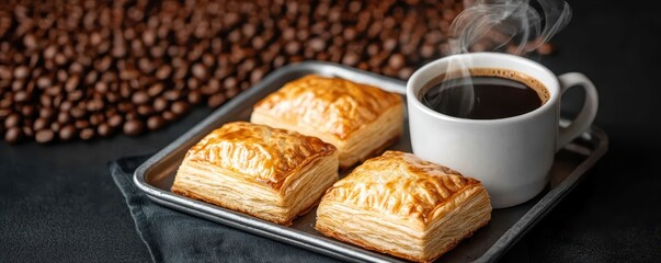 A warm cup of coffee accompanies flaky pastries on a tray, set against a background of coffee beans, creating a cozy cafe atmosphere.